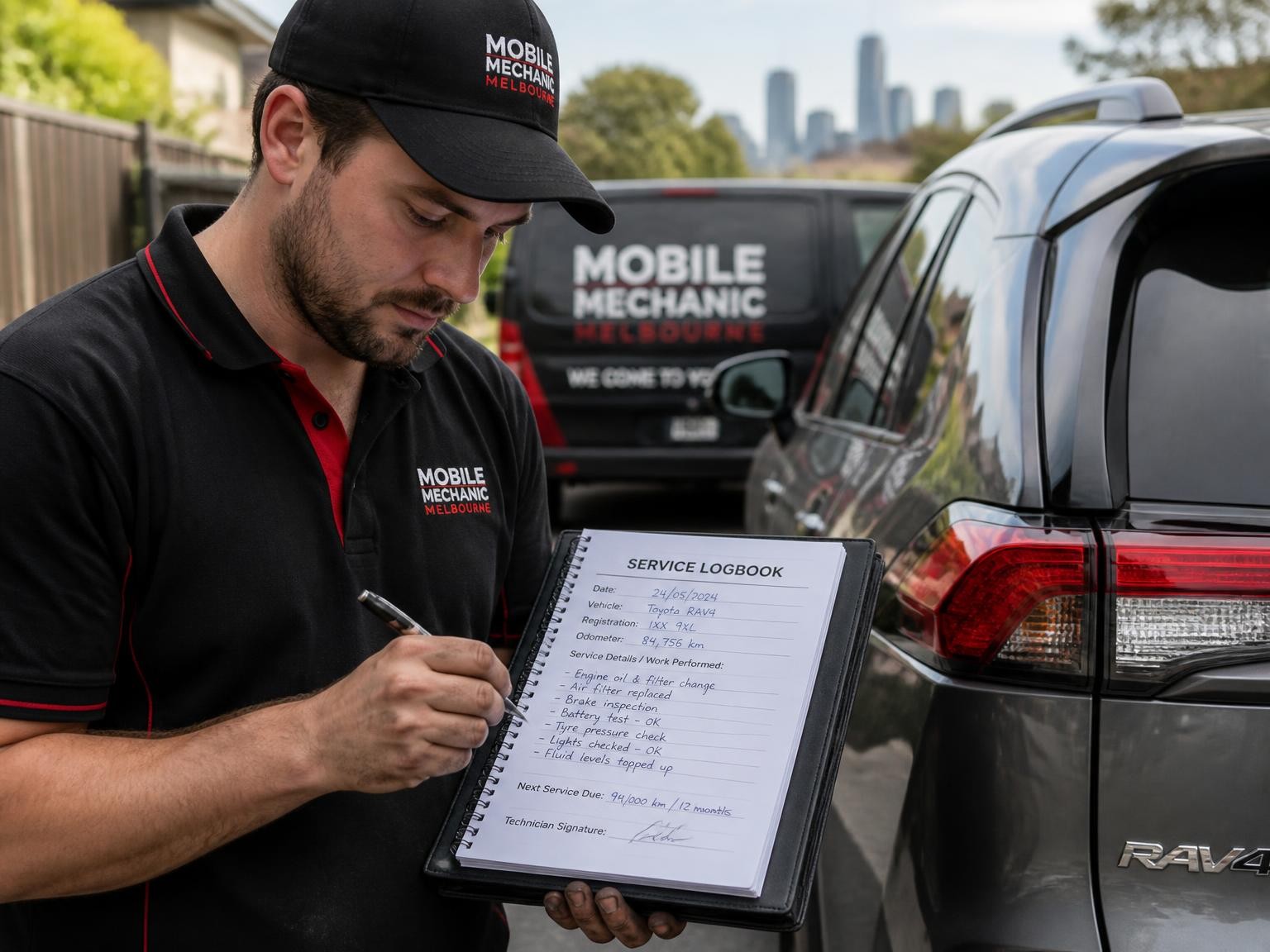 Logbook servicing performed by a mobile mechanic