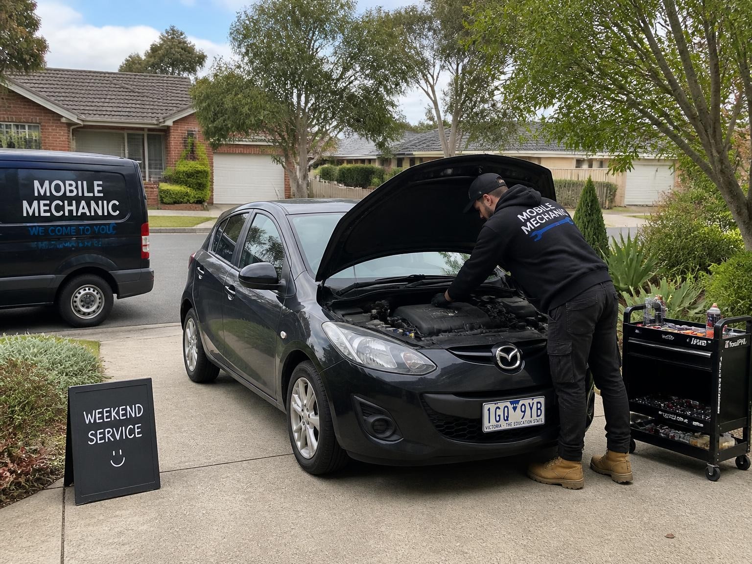 Sunday mobile mechanic working on a car in a Melbourne driveway
