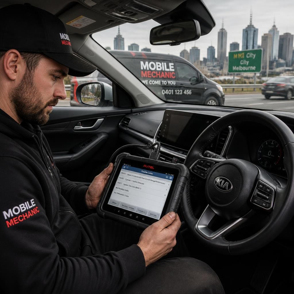 Mechanic using vehicle diagnostic equipment onsite