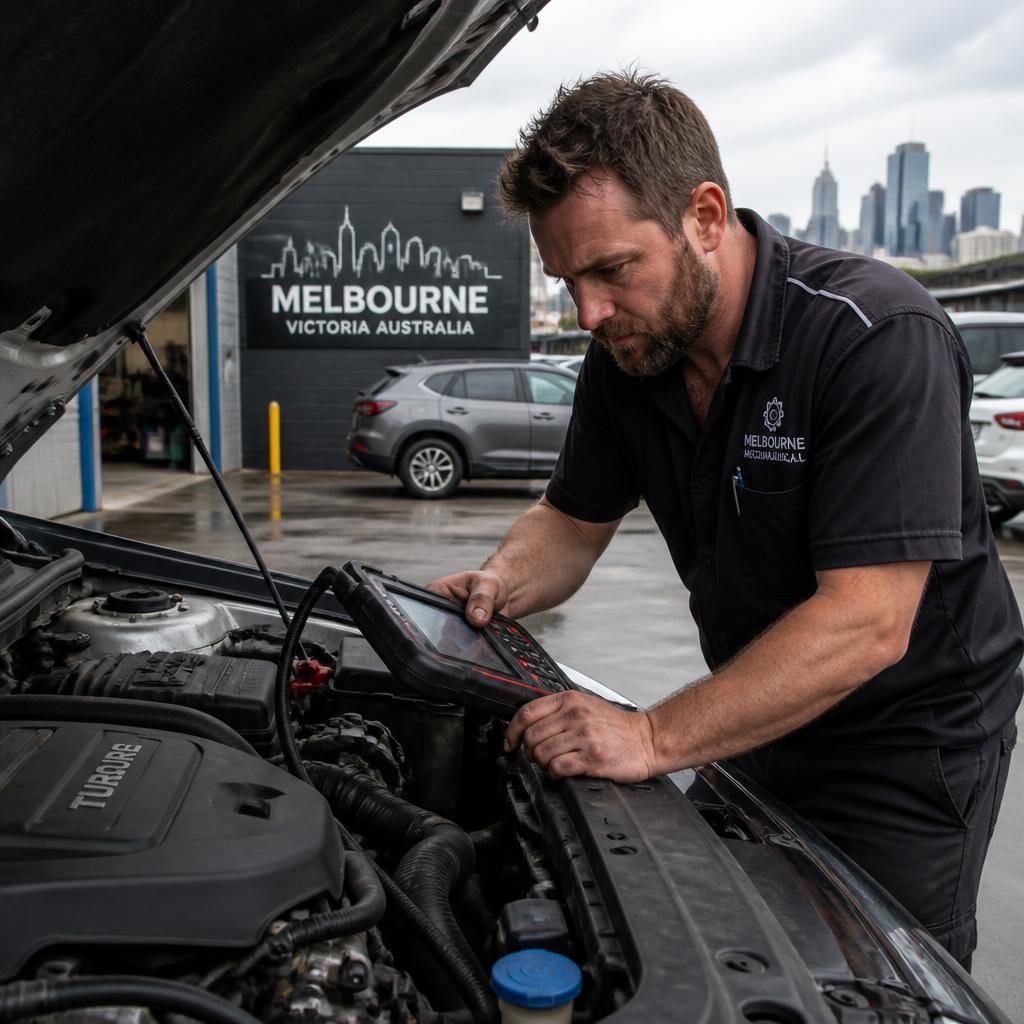 Mechanic performing mobile car diagnostics at a Melbourne location