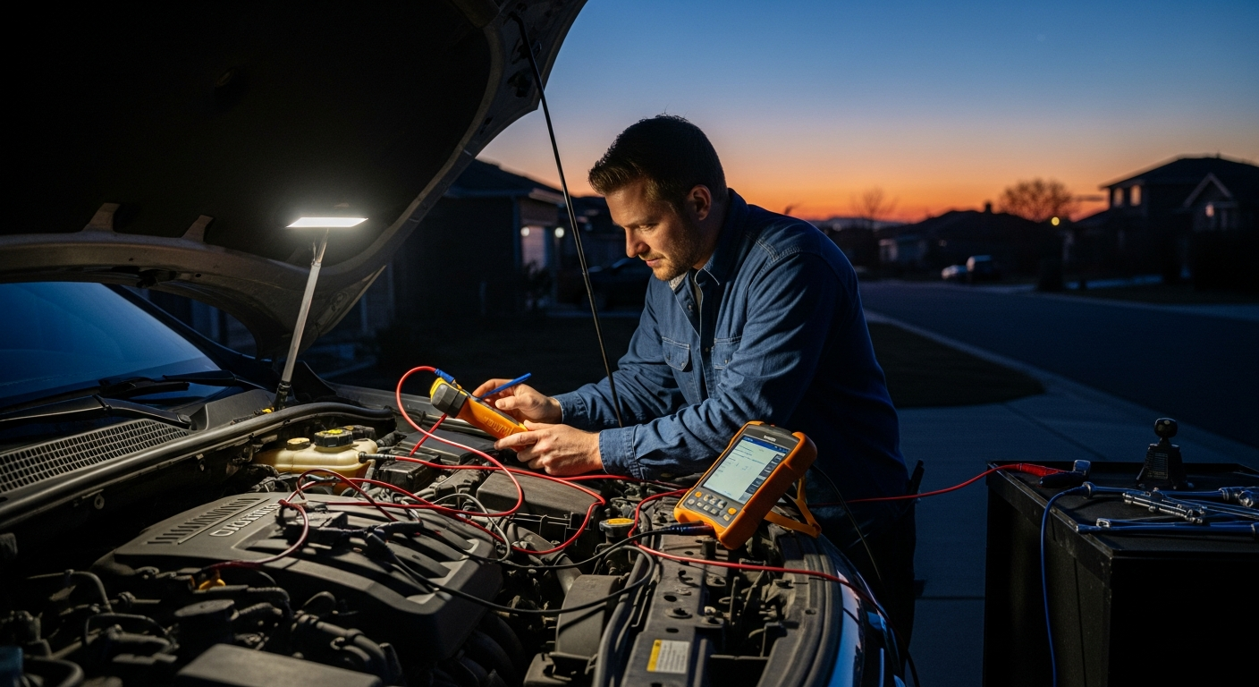 Mobile mechanic fixing car engine