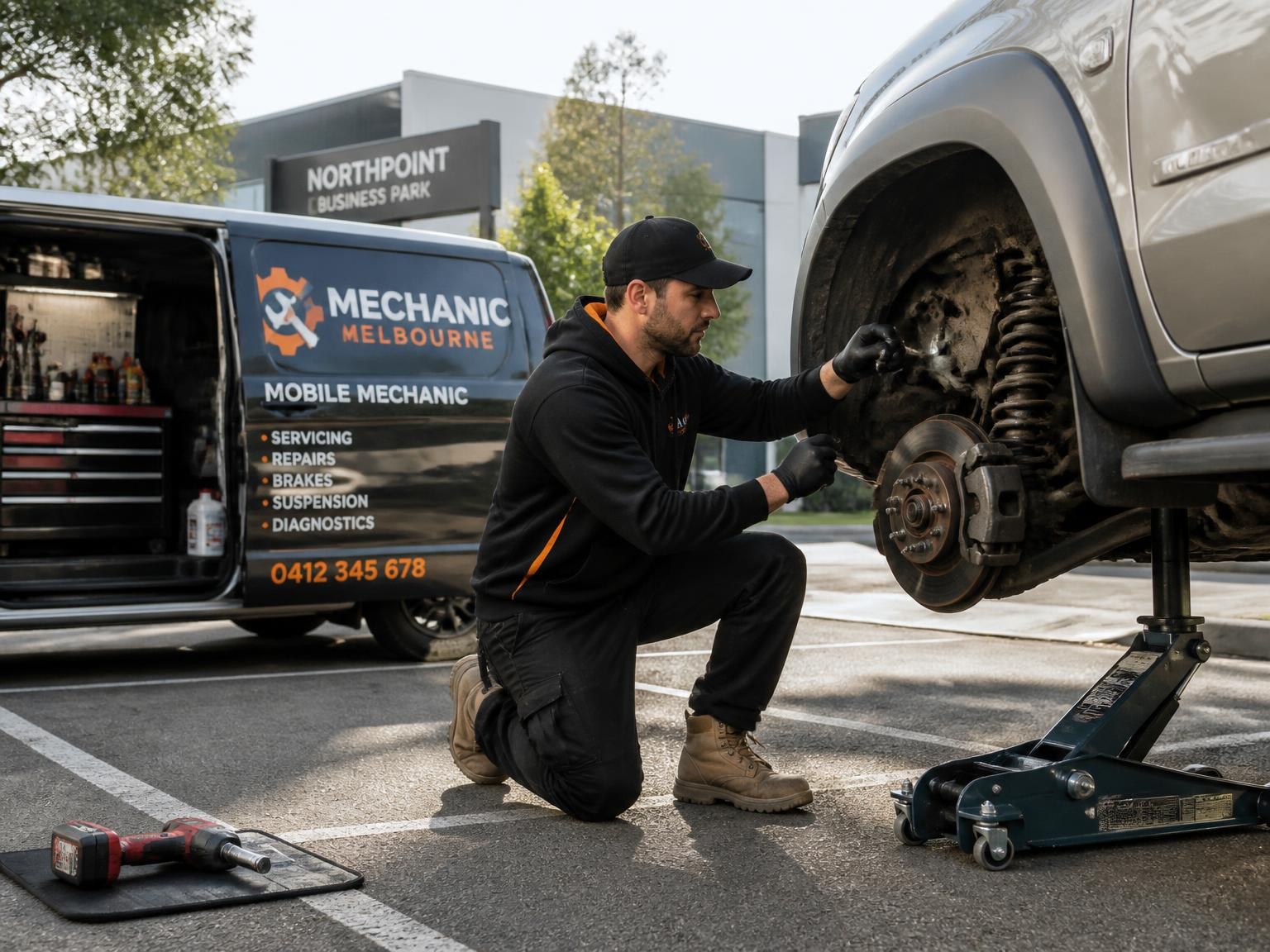 Mobile mechanic inspecting a vehicle at a workplace car park