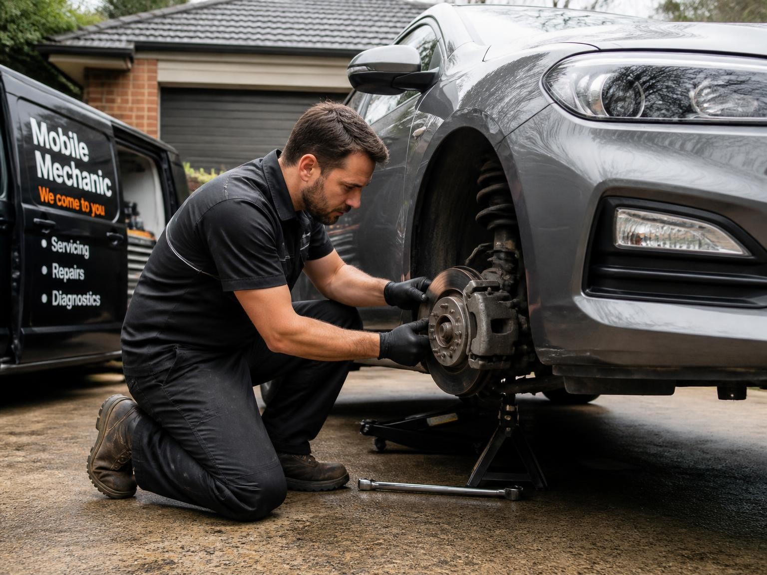 Mobile mechanic checking brakes and suspension at a Melbourne home