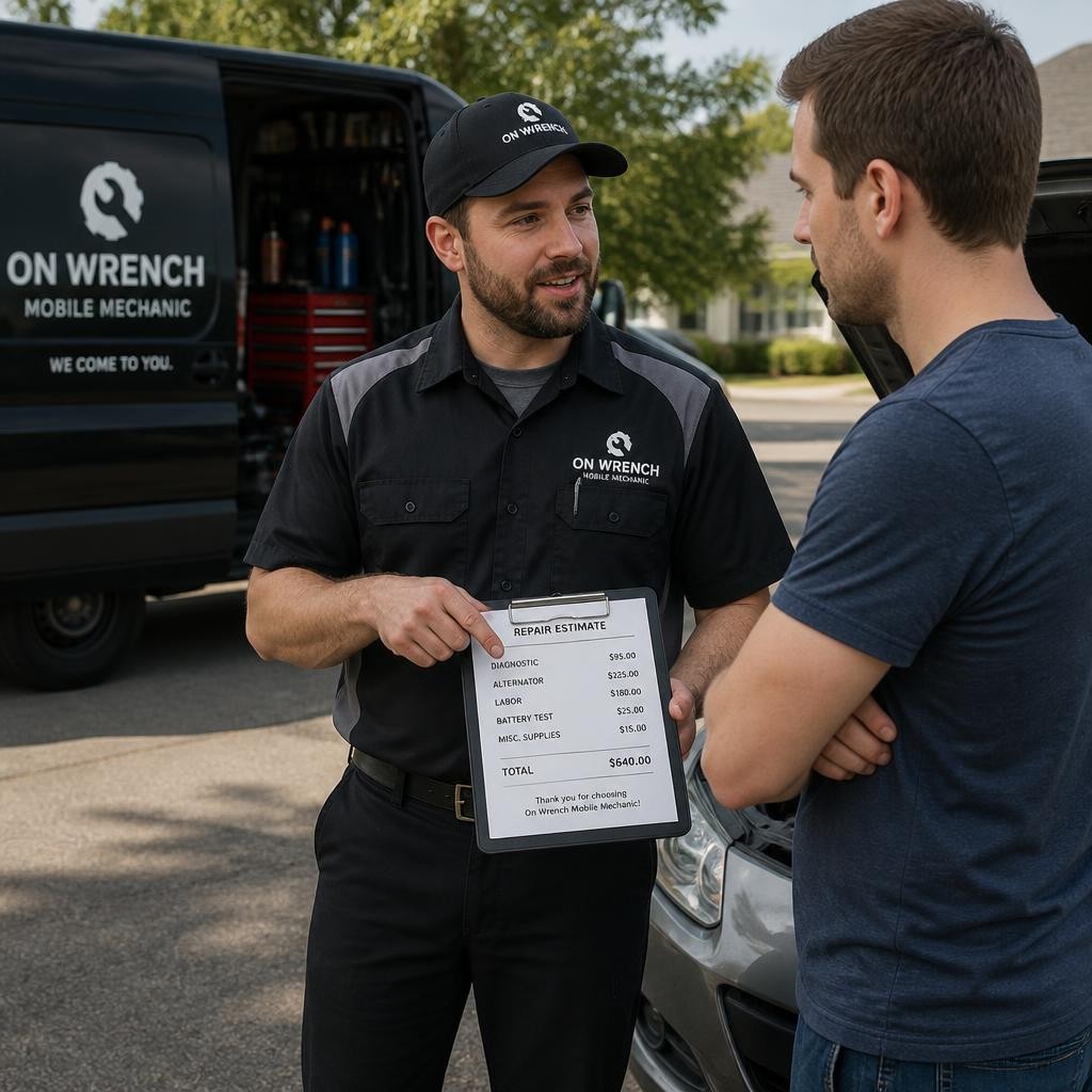Mechanic explaining vehicle repair costs to a customer