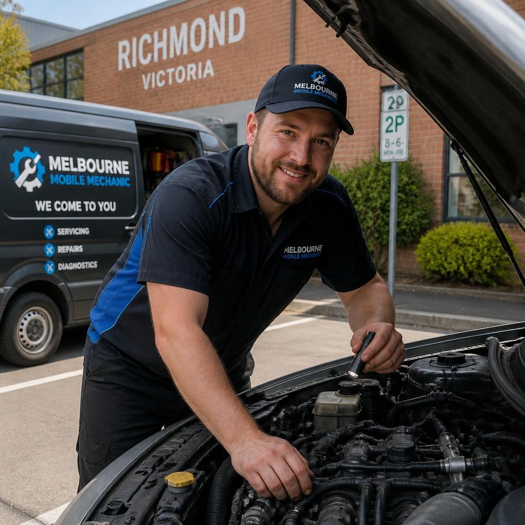 Mechanic inspecting a vehicle engine onsite in Richmond