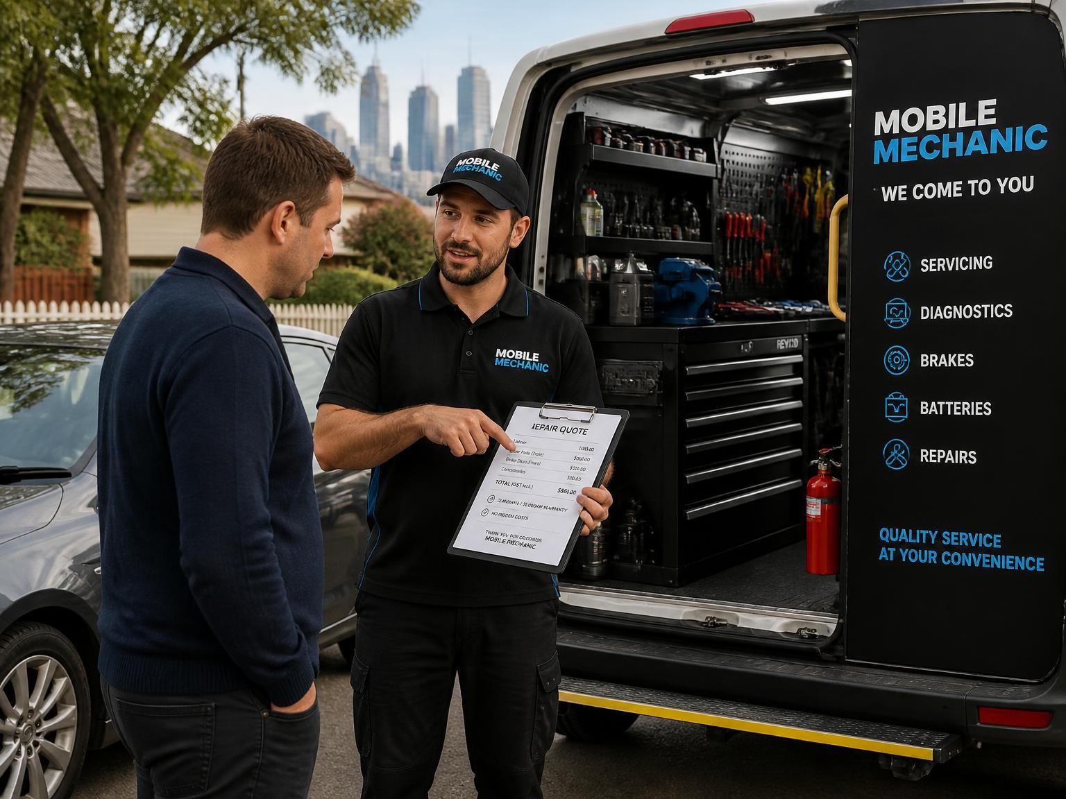 Mobile mechanic explaining upfront auto repair pricing