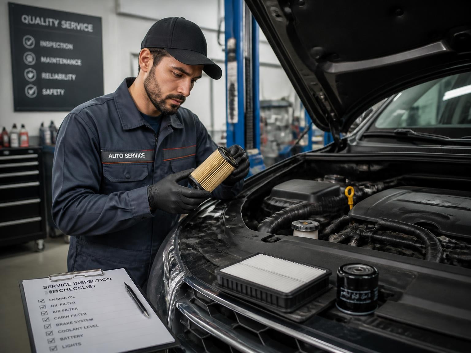 Mechanic inspecting a car during a mobile service