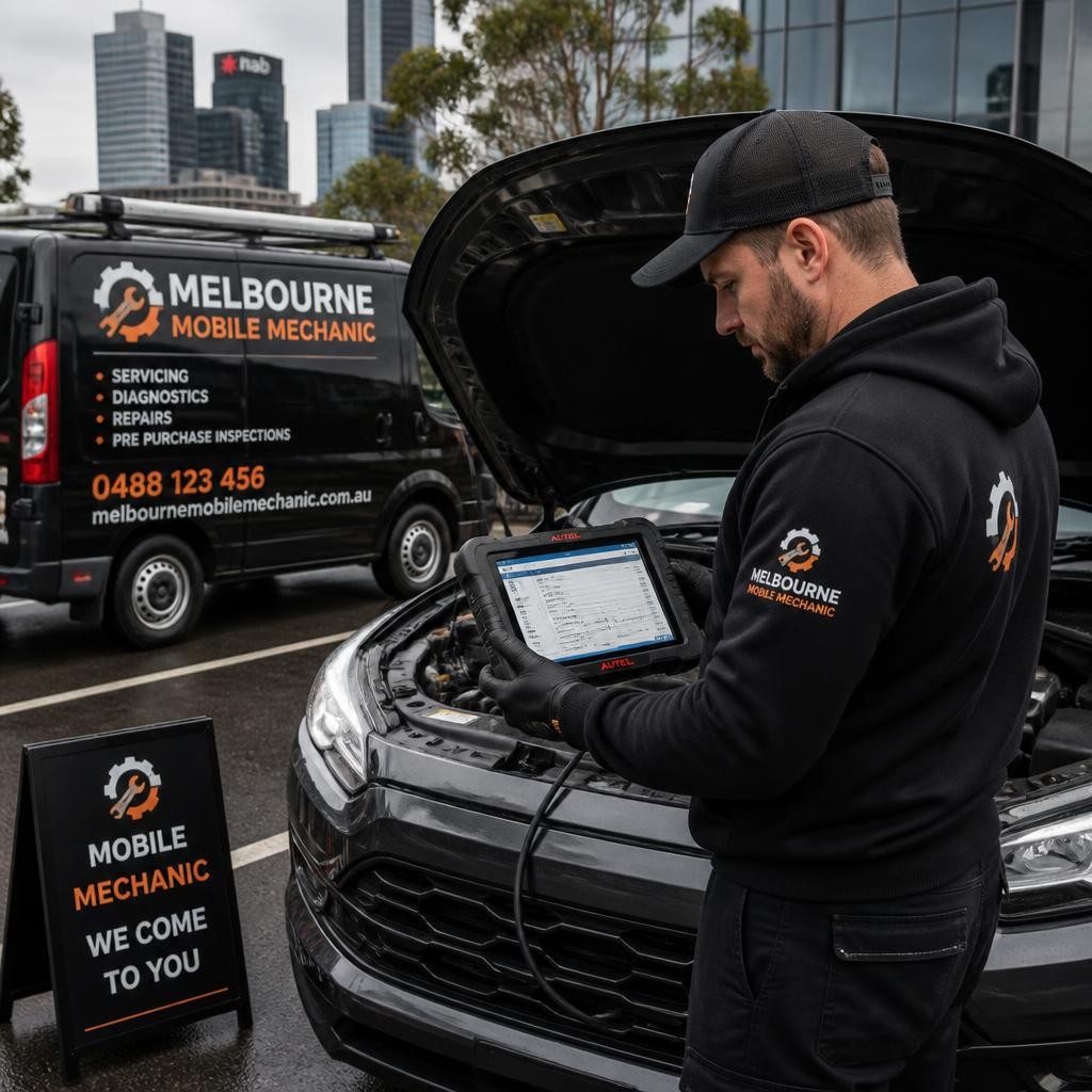 Mobile mechanic using diagnostic equipment on a vehicle in Melbourne