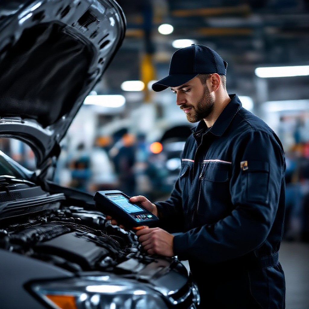 Mechanic performing diagnostics