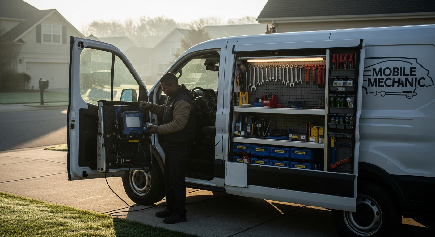 Mobile mechanic van in driveway