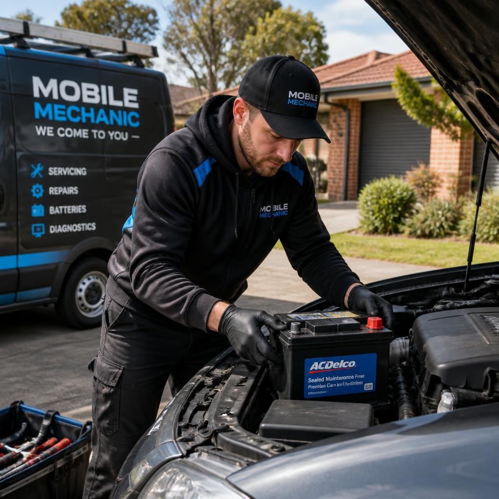 Mobile auto mechanic repairing a car battery at a Melbourne driveway