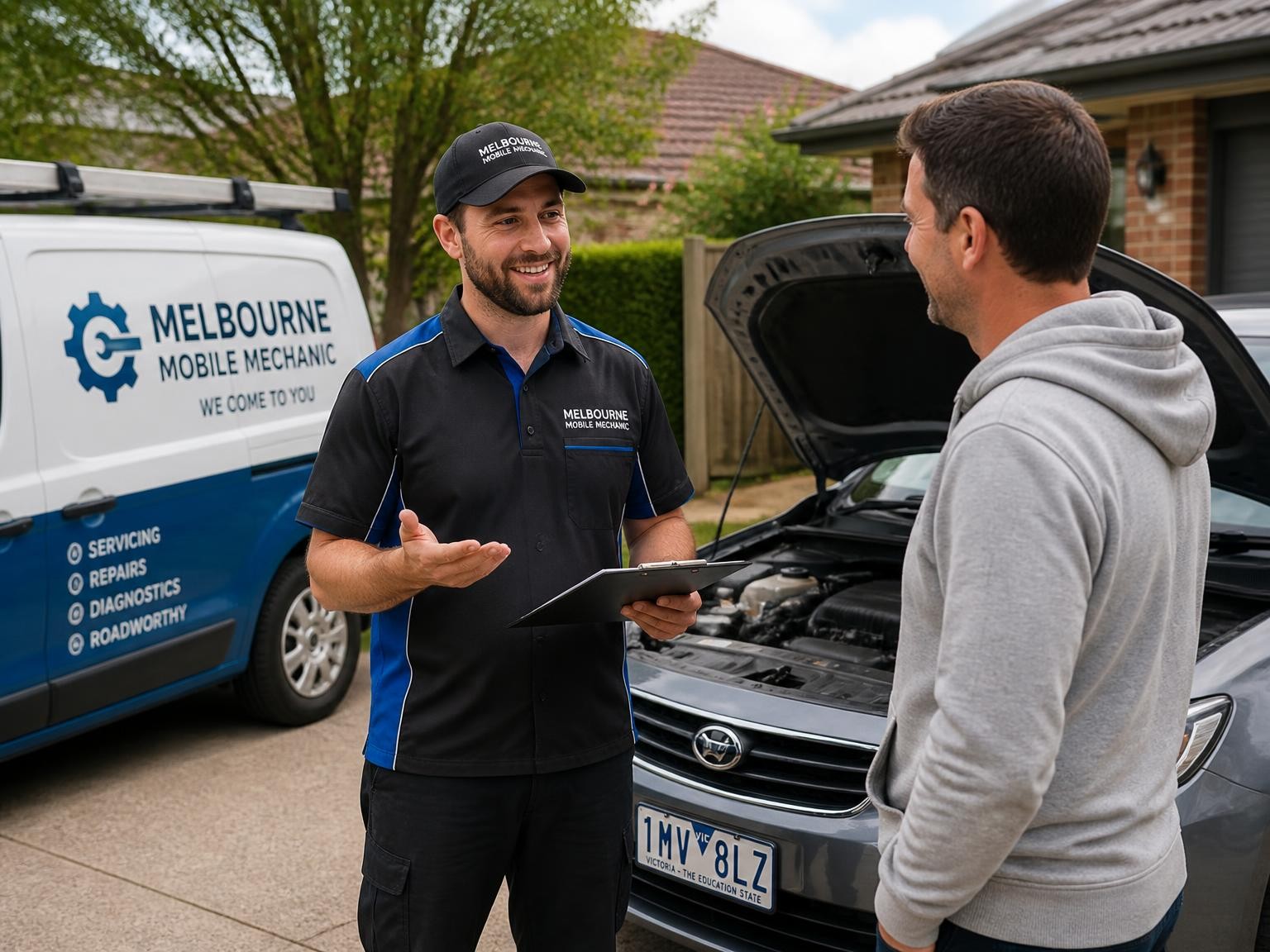 Mobile mechanic explaining vehicle repairs to a Melbourne customer