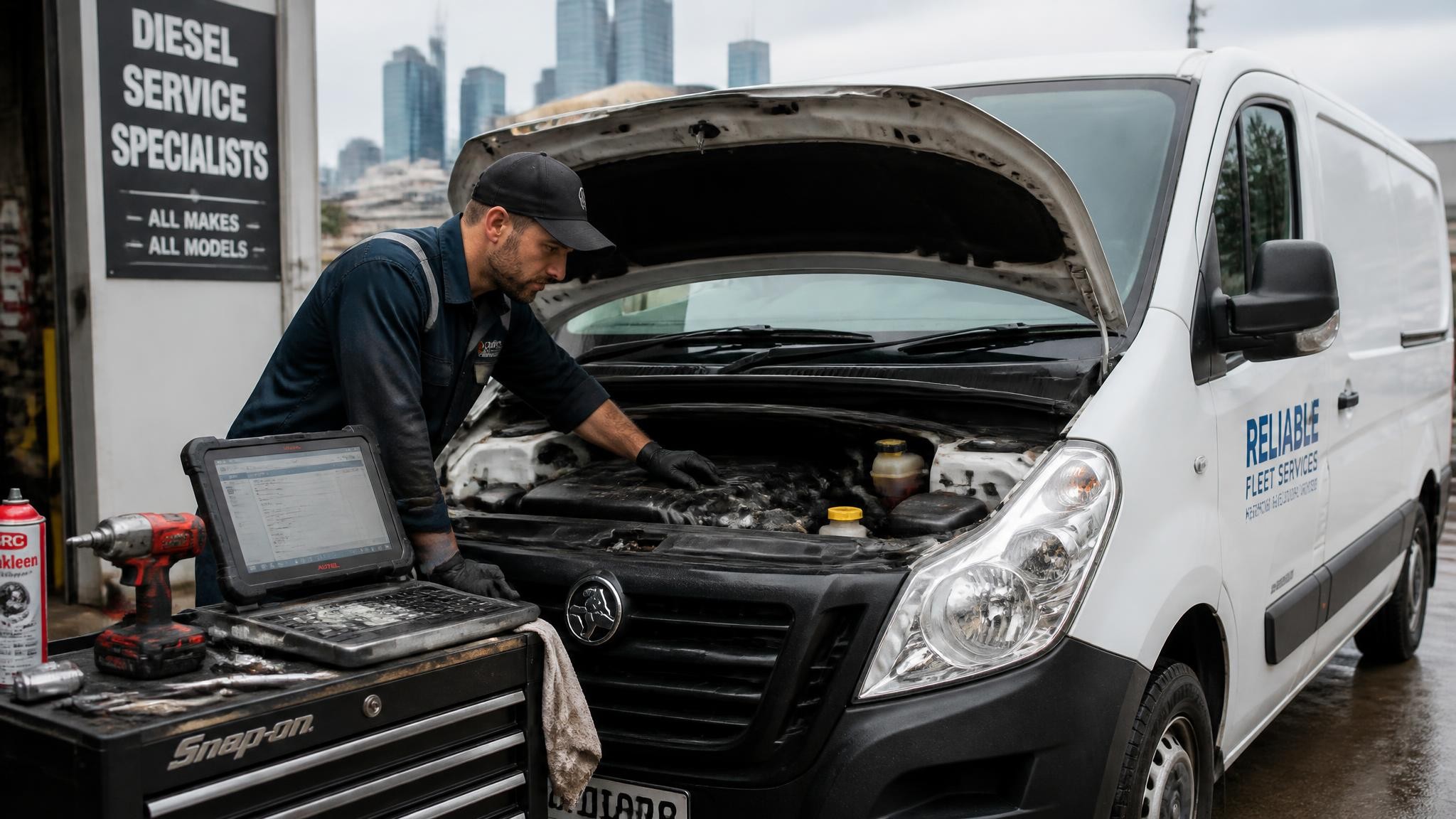 On site diesel mechanic working on a vehicle in Melbourne