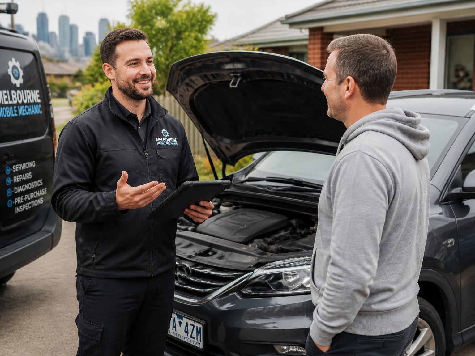 Qualified mobile mechanic explaining a car repair to a Melbourne customer