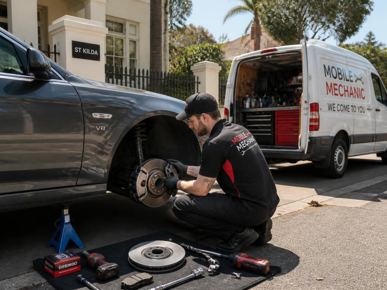 Mobile mechanic completing onsite brake repairs near St Kilda