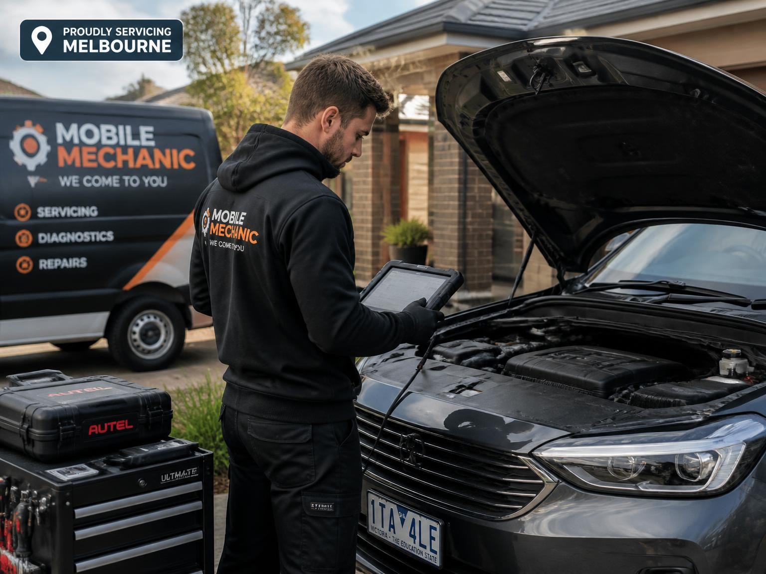 Mobile mechanic diagnosing a vehicle at a customers location
