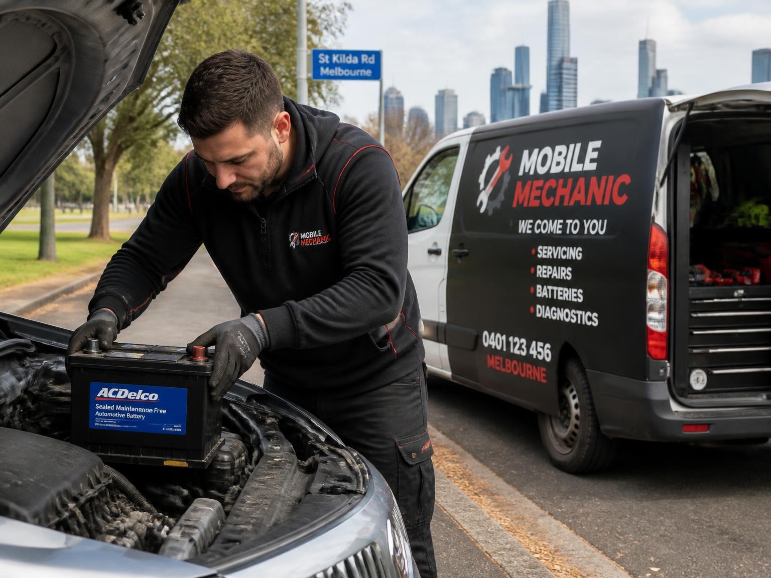 Mobile mechanic replacing a car battery at the roadside