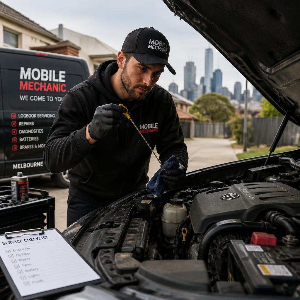 Mechanic completing scheduled car maintenance at home