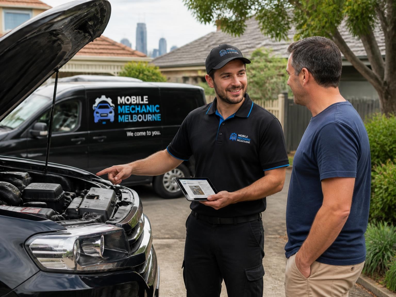 Mobile auto mechanic explaining a car repair to a customer