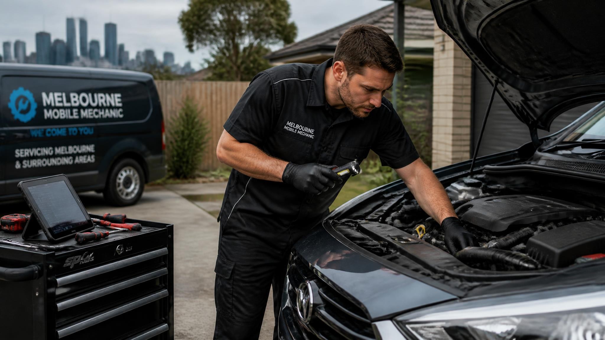 Mobile mechanic checking a car in Melbourne
