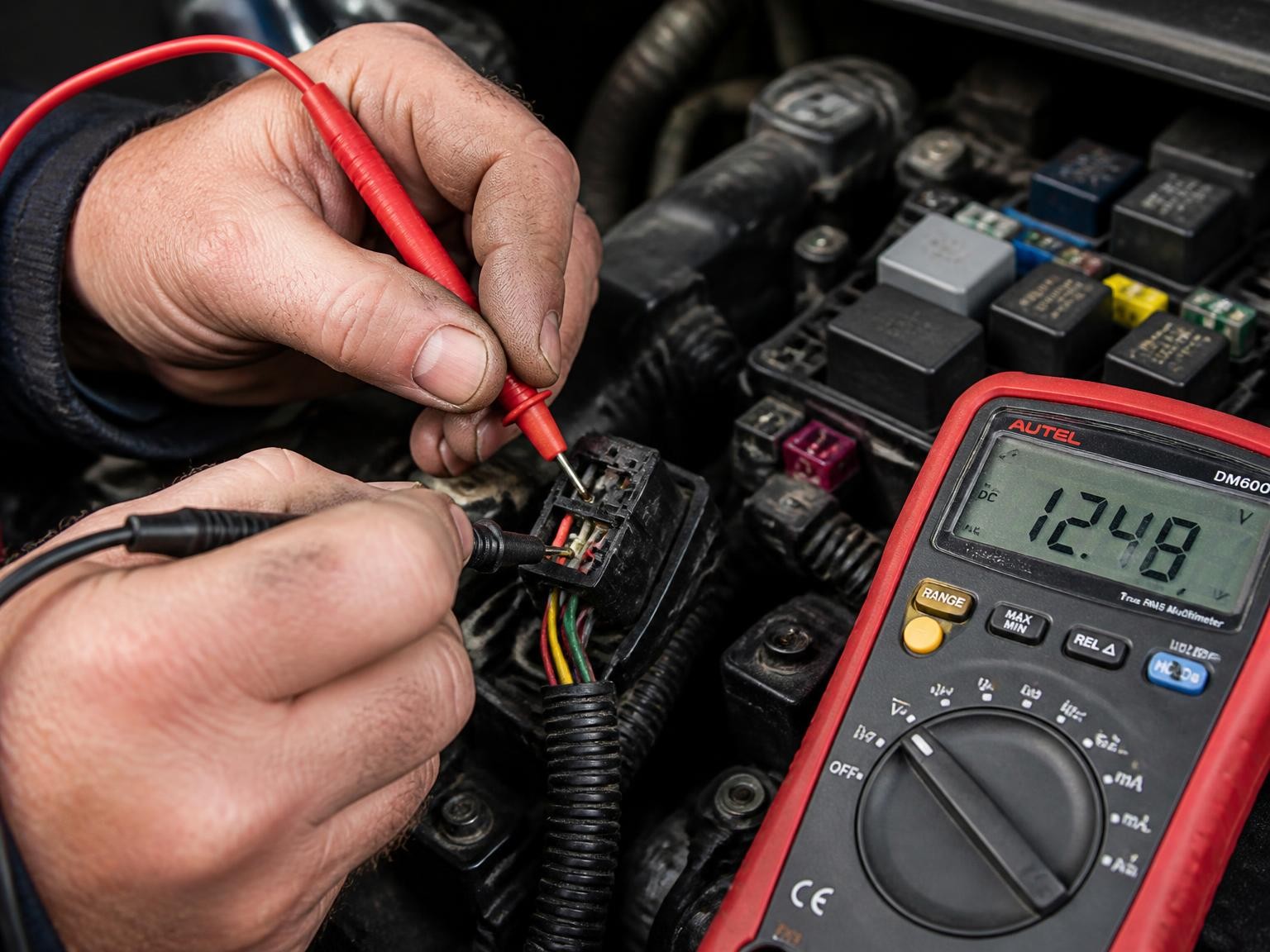 Auto electrician checking vehicle wiring and electrical connections