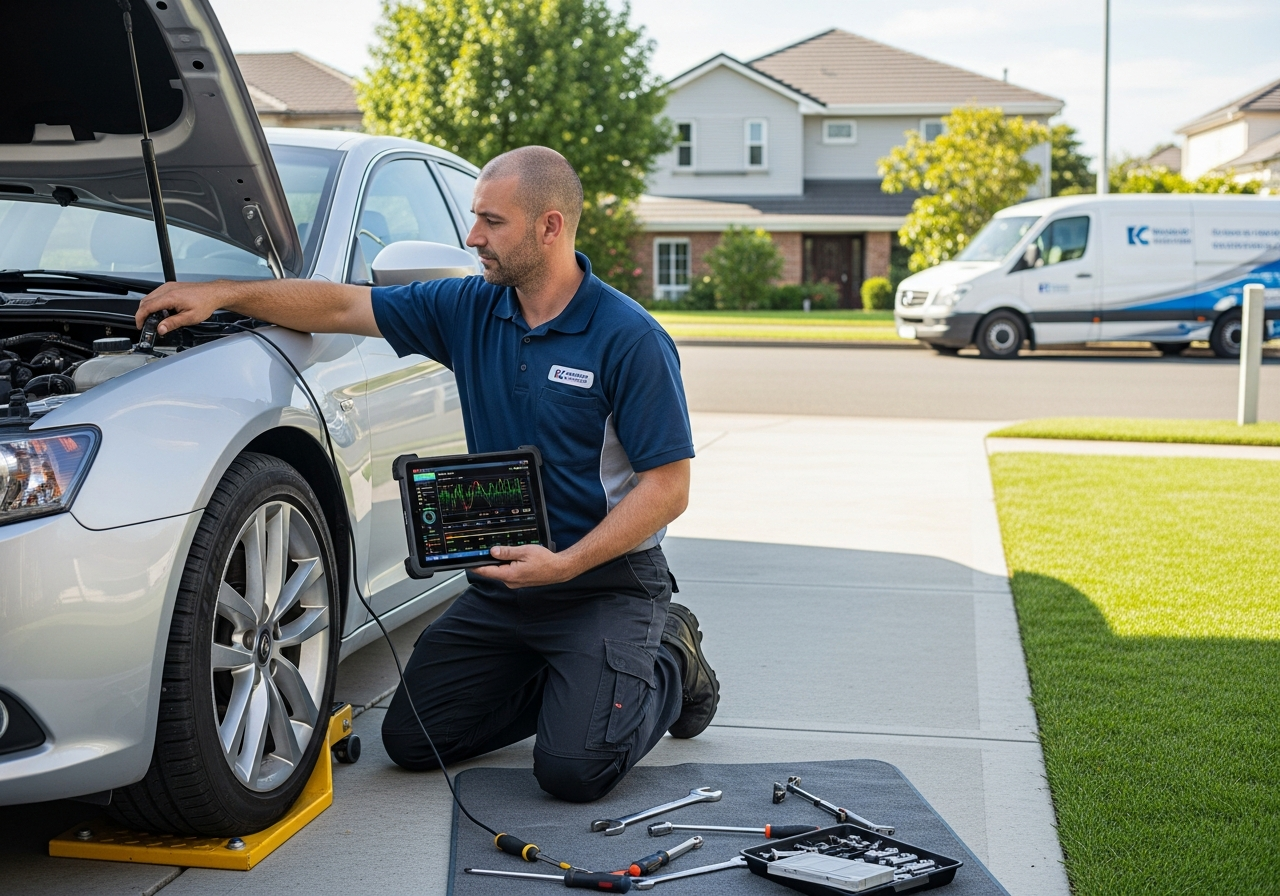 Mechanic using diagnostic tablet