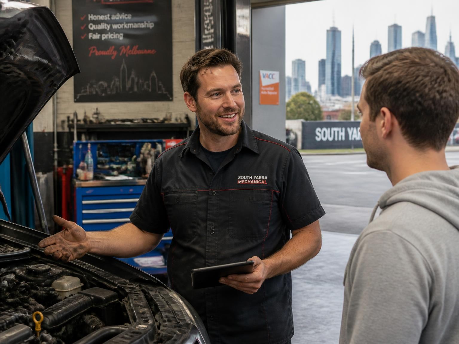Mechanic explaining car repairs to a Melbourne customer