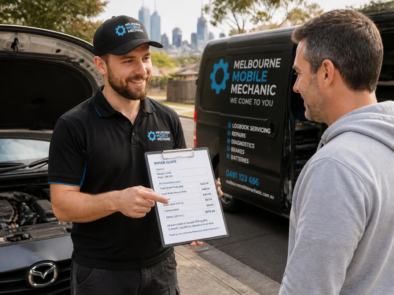 Mechanic explaining an upfront car repair quote