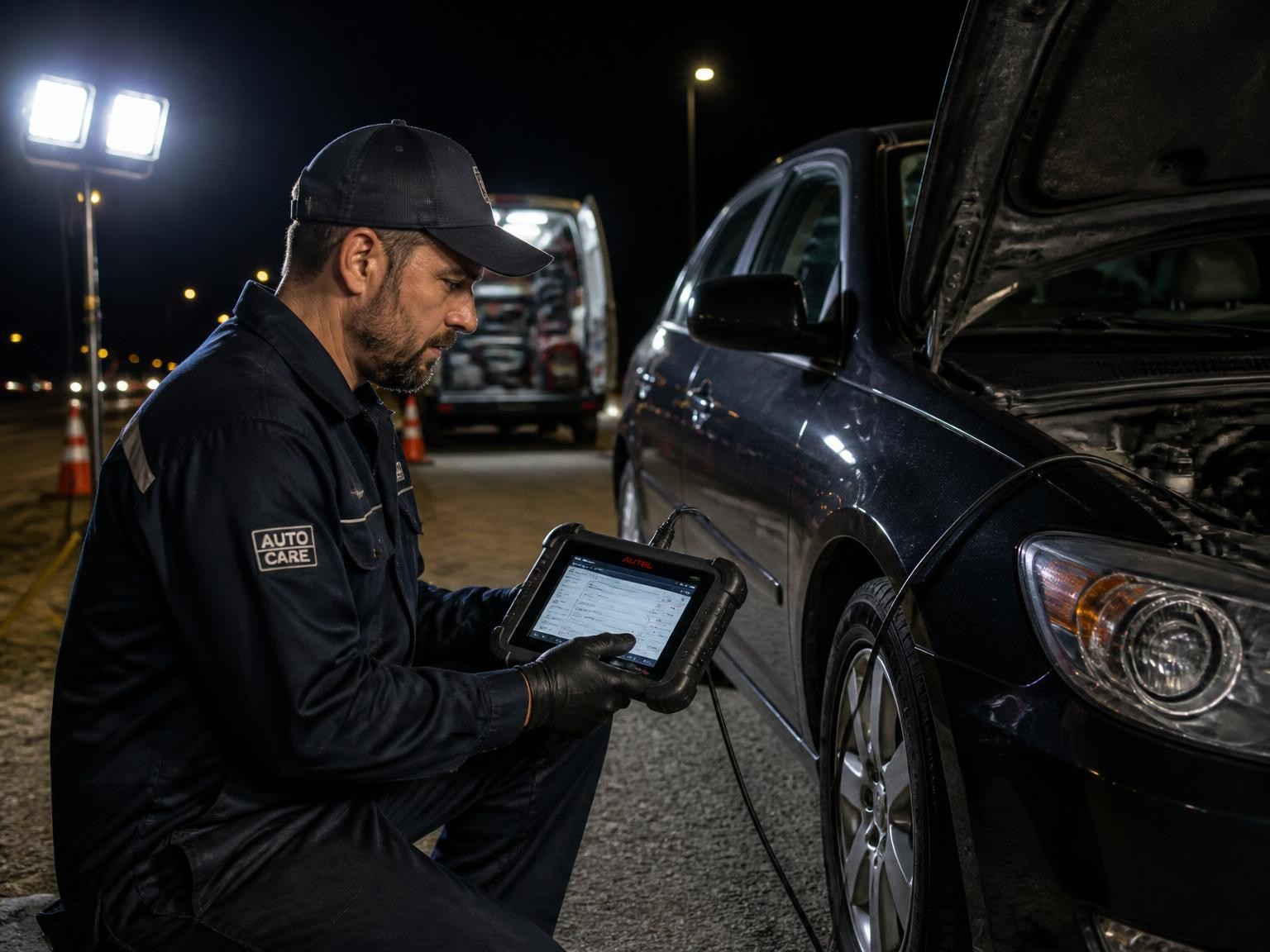Mechanic diagnosing a vehicle during an emergency callout