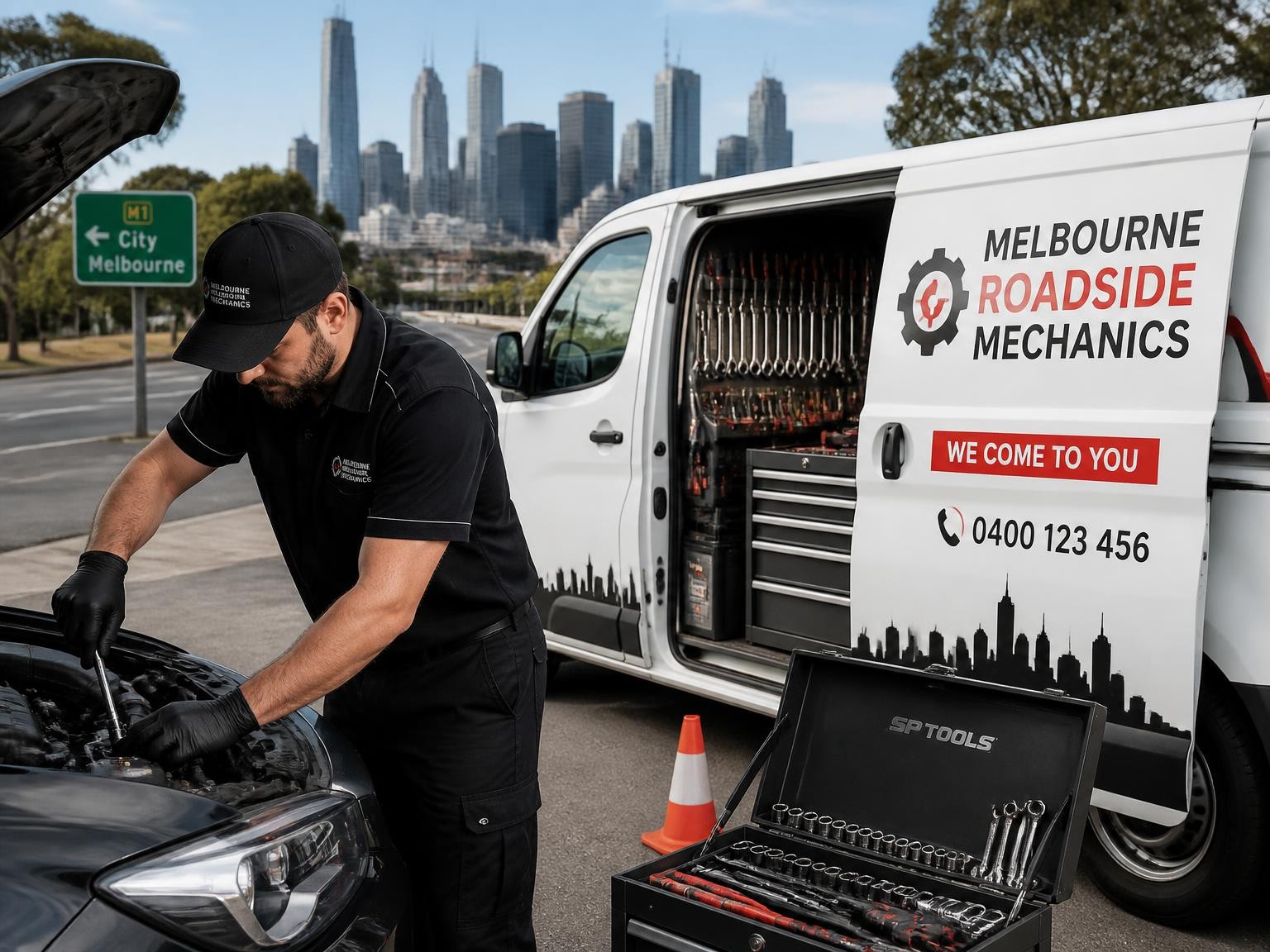 Mobile mechanic completing an on-site vehicle repair