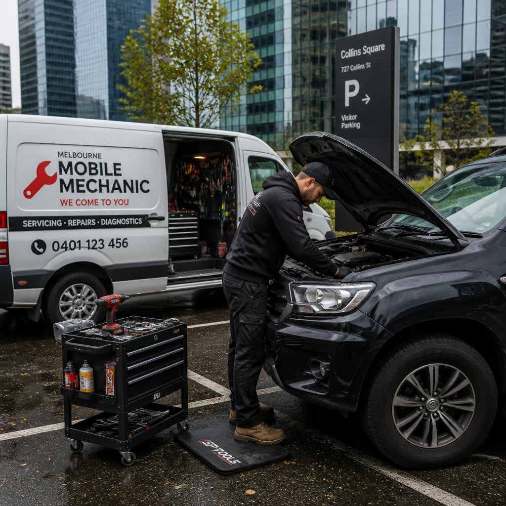 Mobile mechanic servicing a vehicle at a Melbourne workplace car park