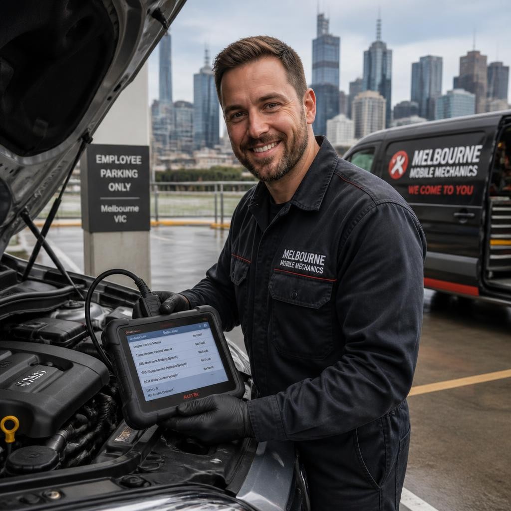 Auto mechanic diagnosing a vehicle onsite