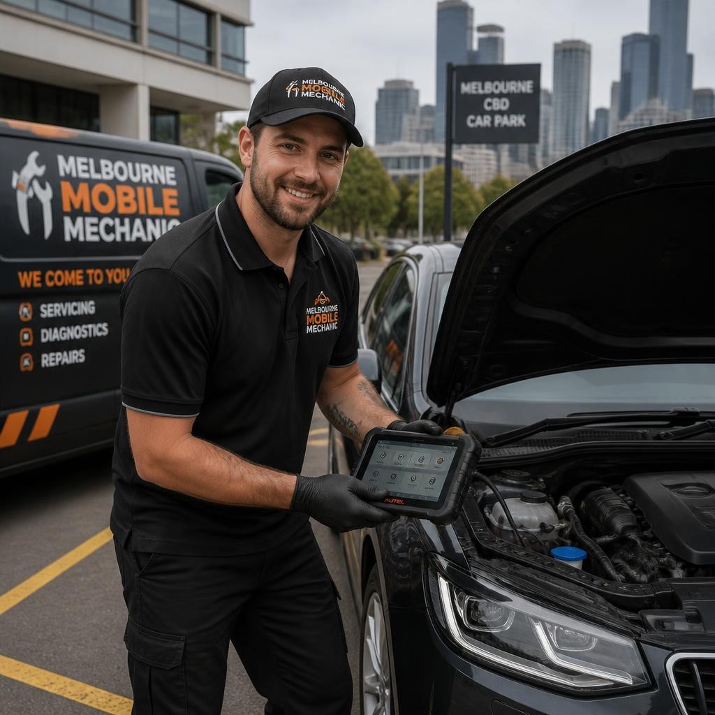 Mobile mechanic performing on-site vehicle diagnostics