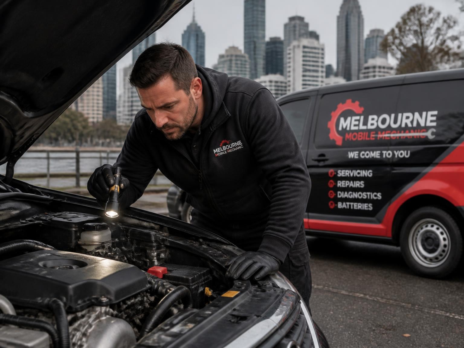 Experienced mechanic inspecting a car engine onsite