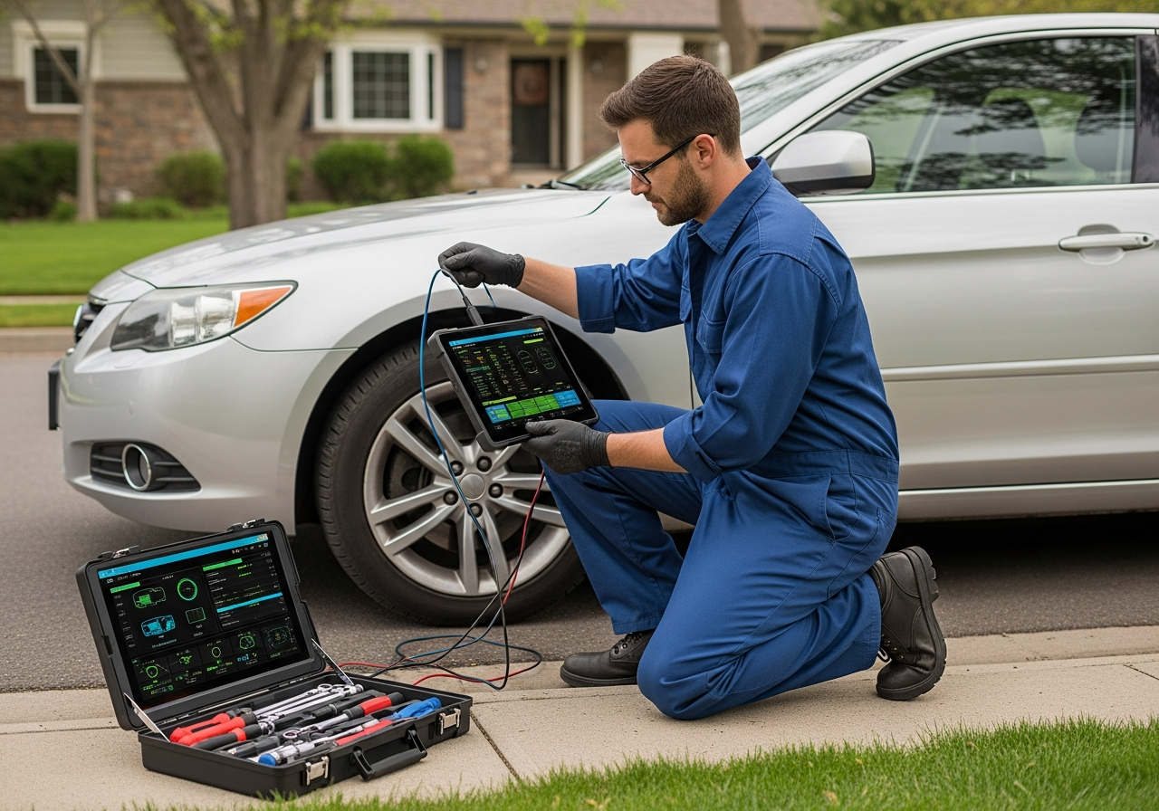 Mechanic diagnosing car onsite