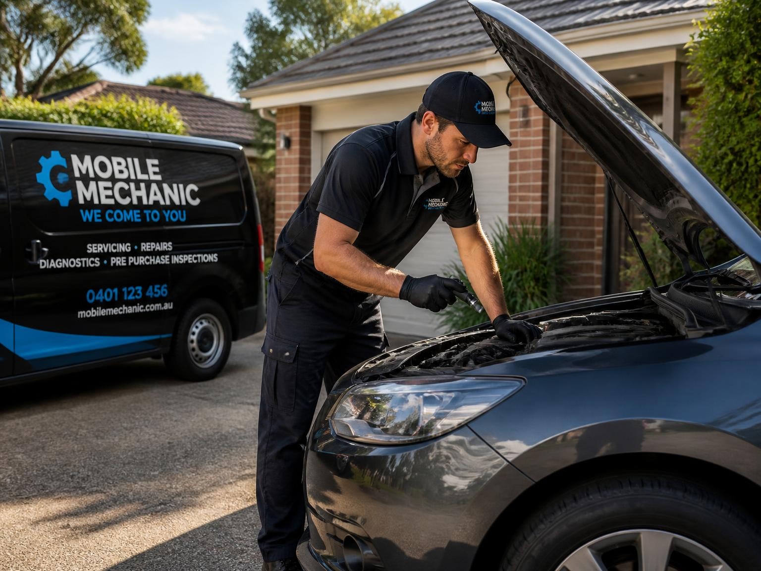 Mobile mechanic servicing a car in a Melbourne driveway