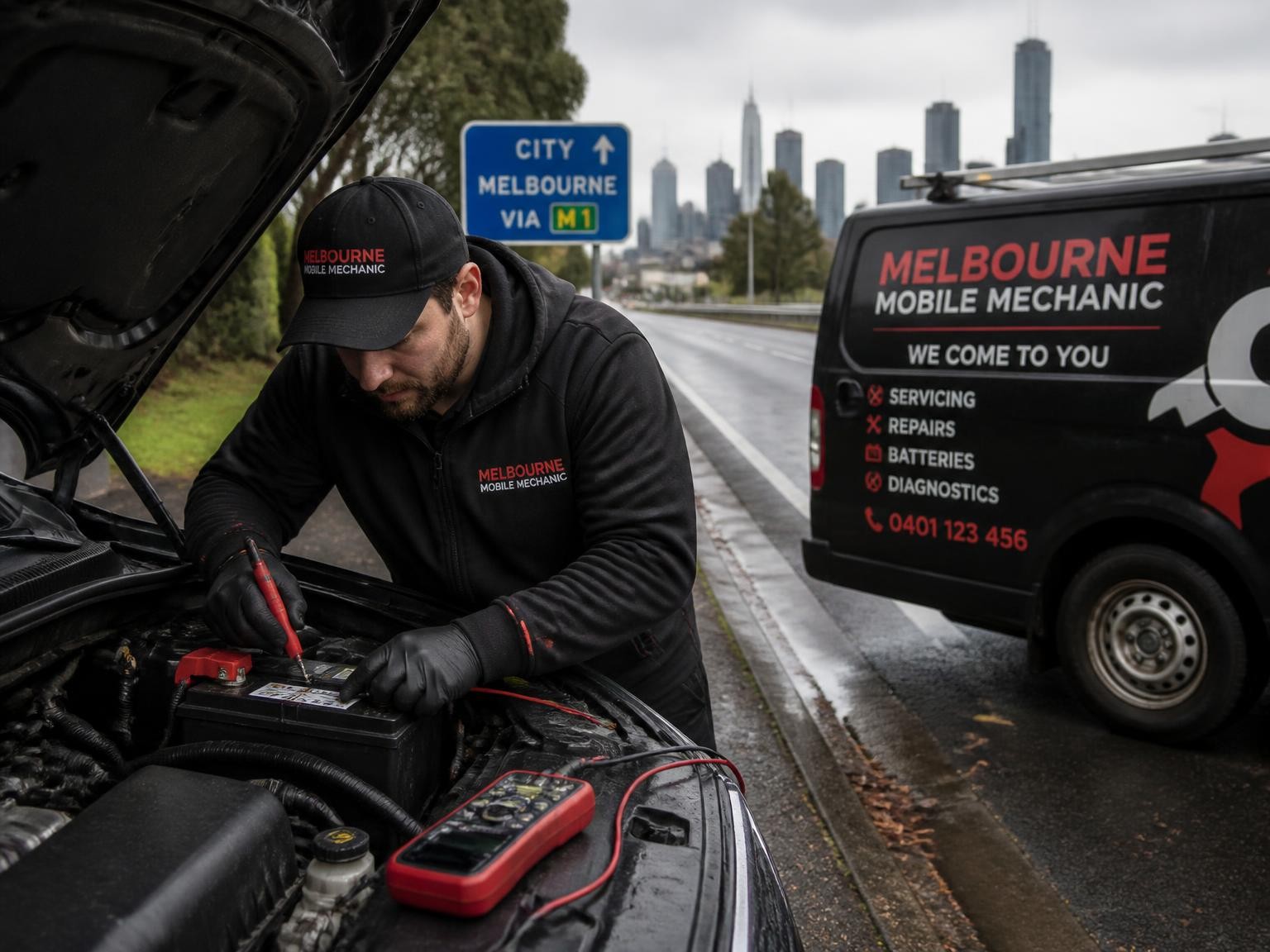 Mobile mechanic completing a roadside car repair