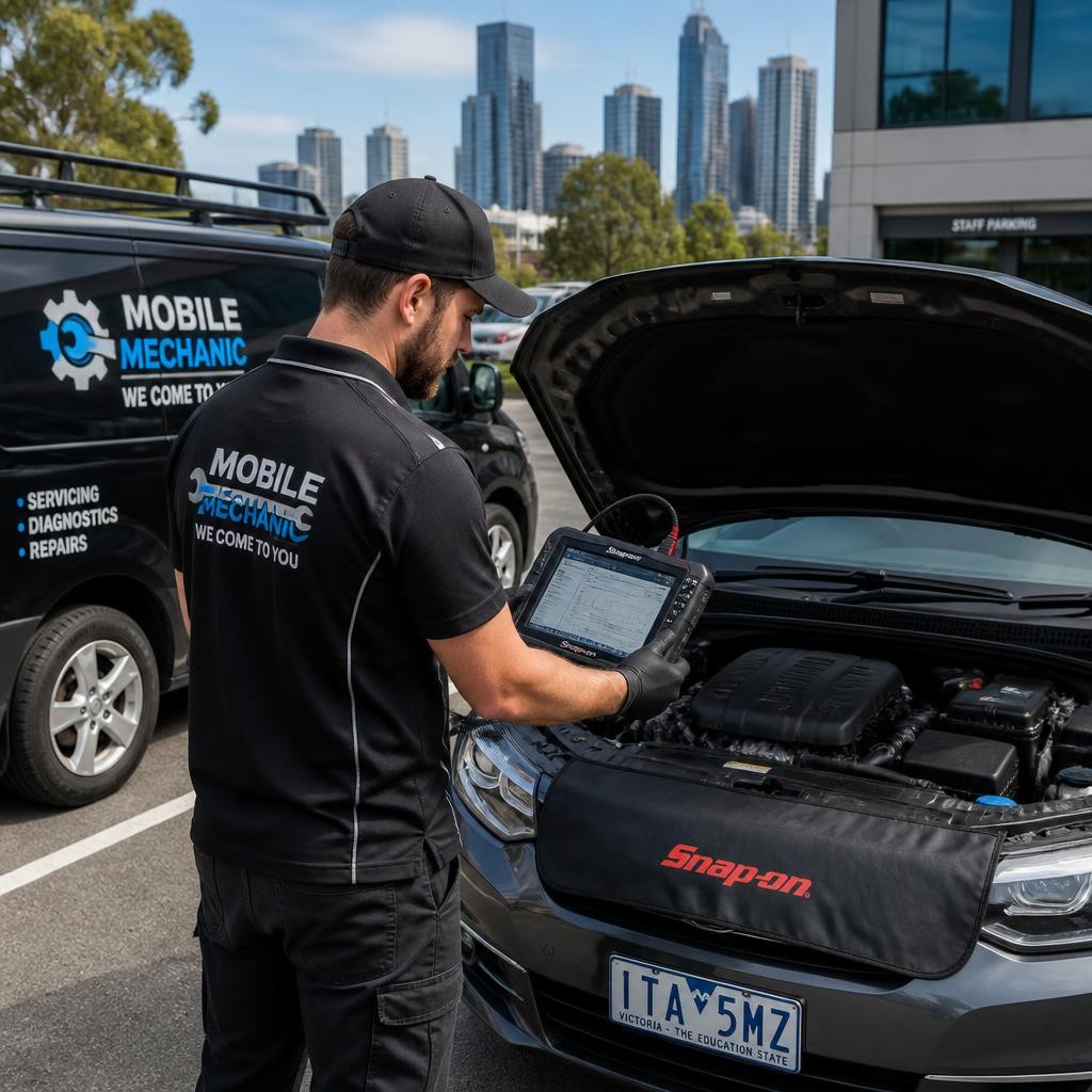 Mobile mechanic performing onsite vehicle diagnostics in Melbourne