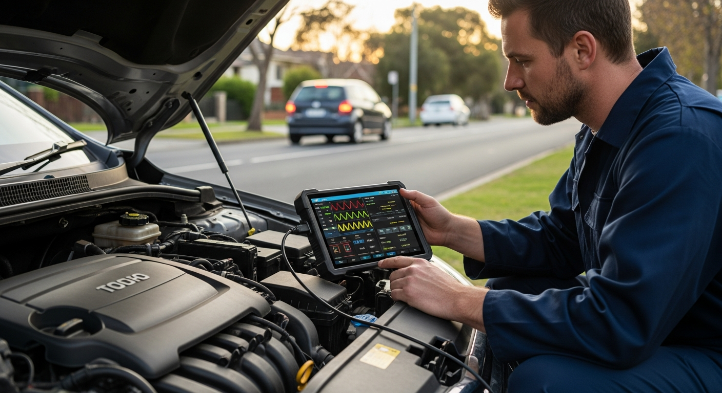 Mechanic diagnosing engine