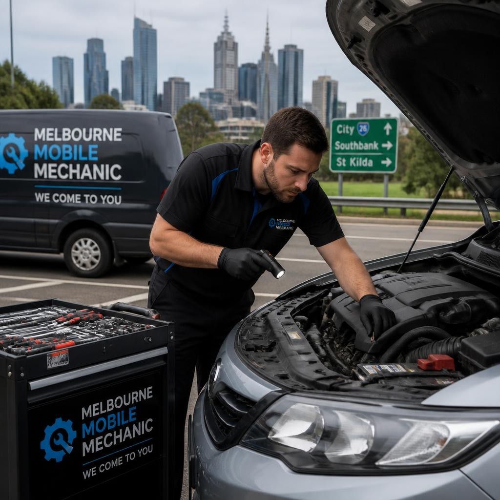 Mobile mechanic checking a vehicle engine at the roadside