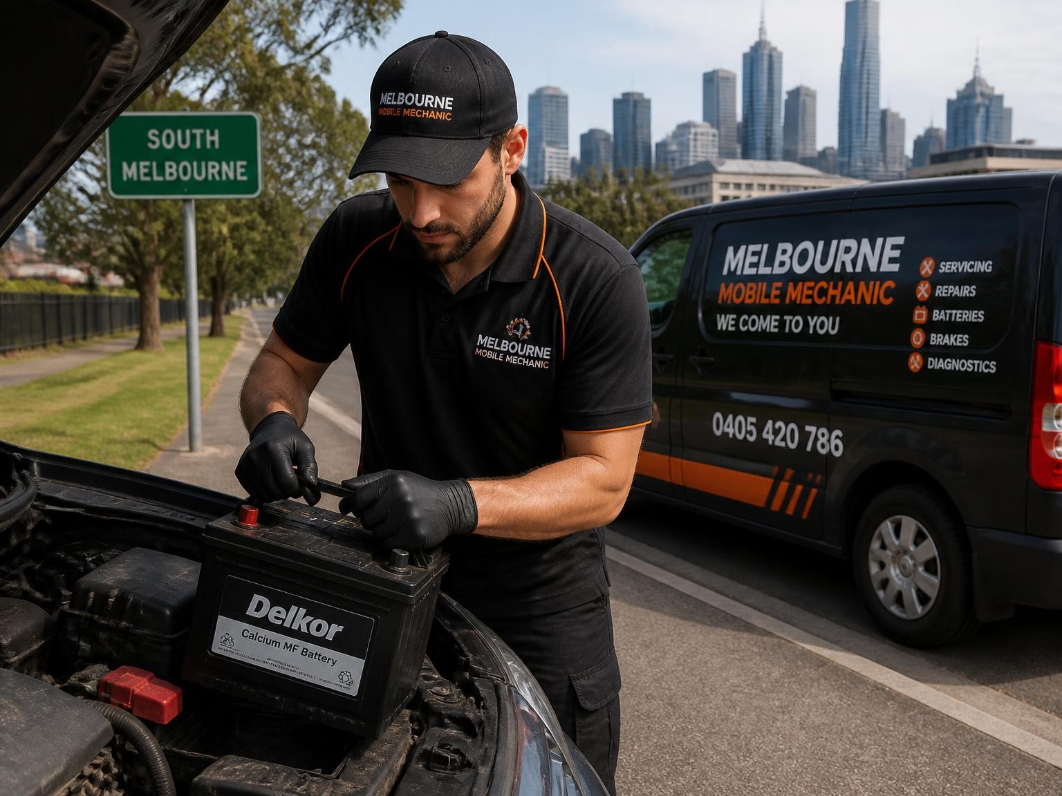 Auto mechanic providing roadside battery assistance in Melbourne