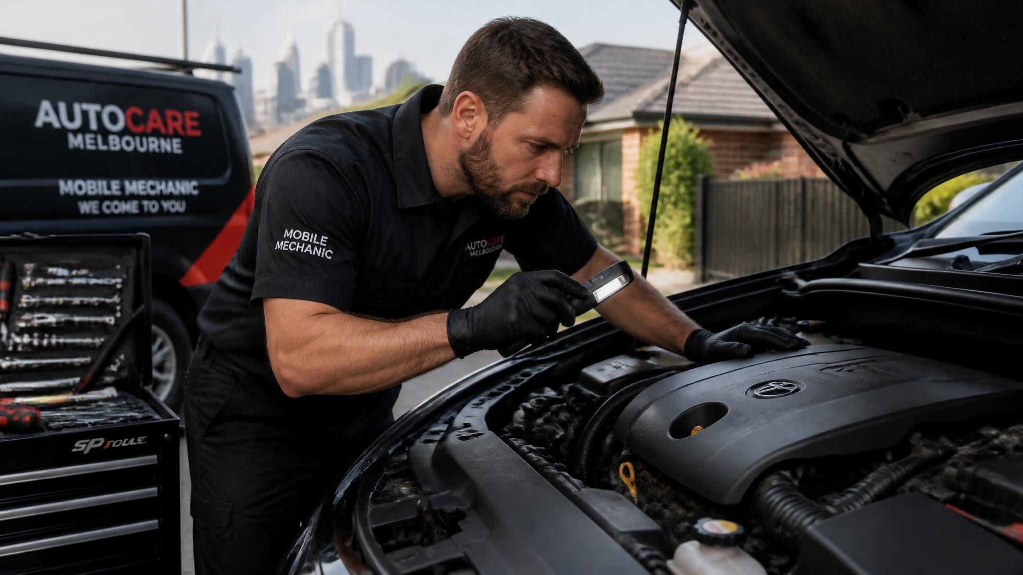 Qualified mobile auto mechanic inspecting a car in Melbourne