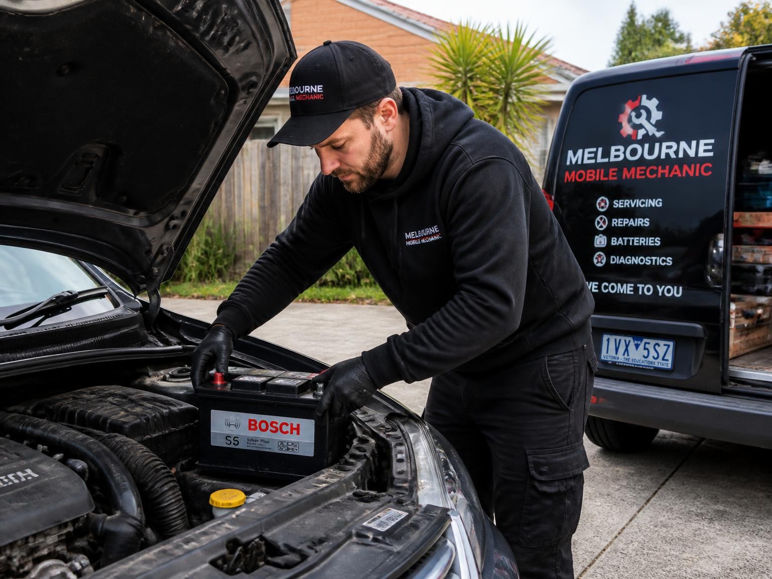 Mobile mechanic replacing a car battery at a Melbourne home