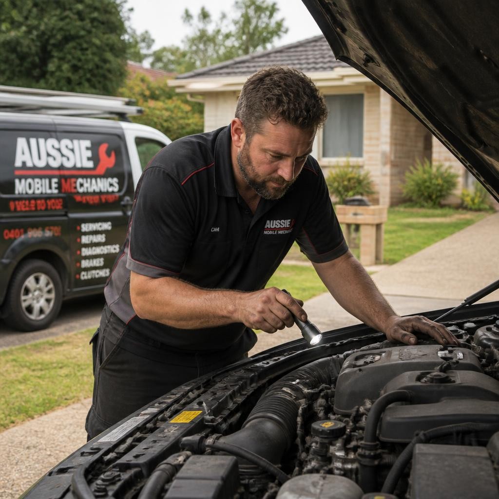 Experienced mobile mechanic inspecting a vehicle engine at a Melbourne home