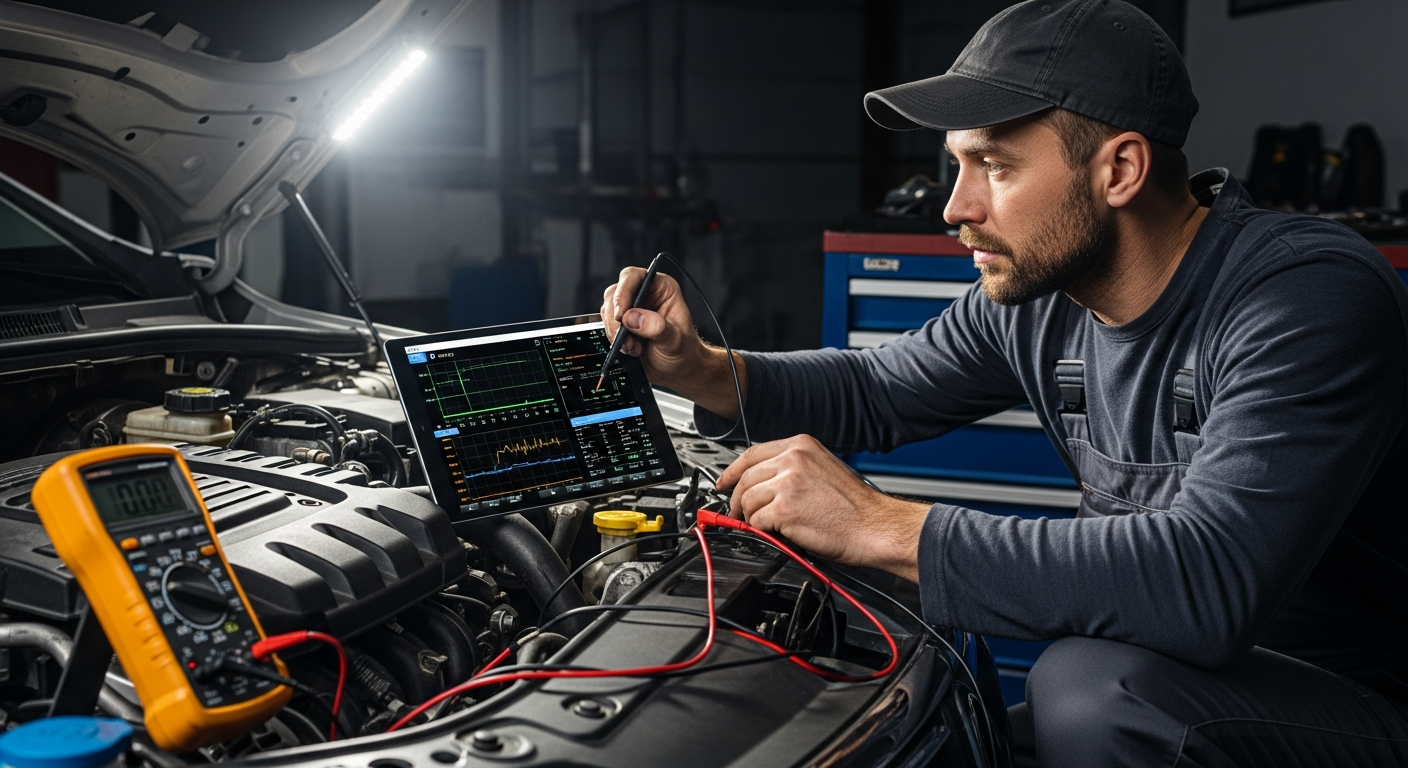 Mechanic diagnosing car at night