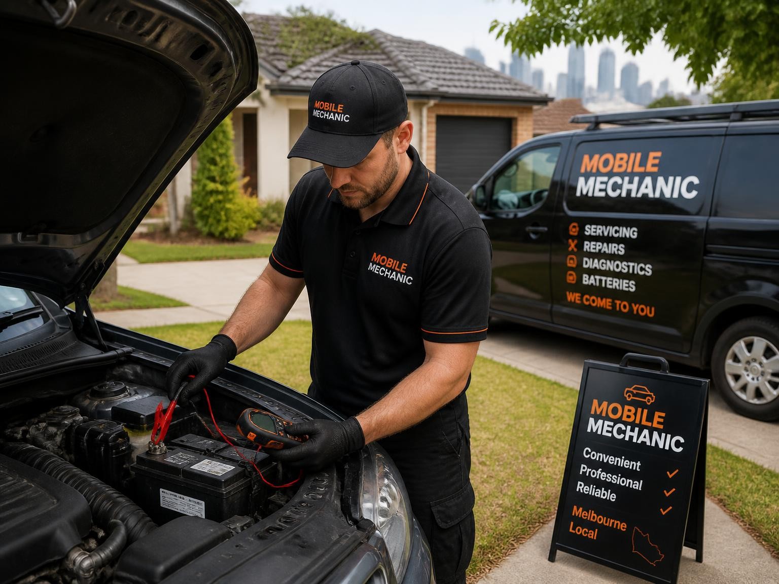 Mobile mechanic testing a vehicle battery onsite in Melbourne