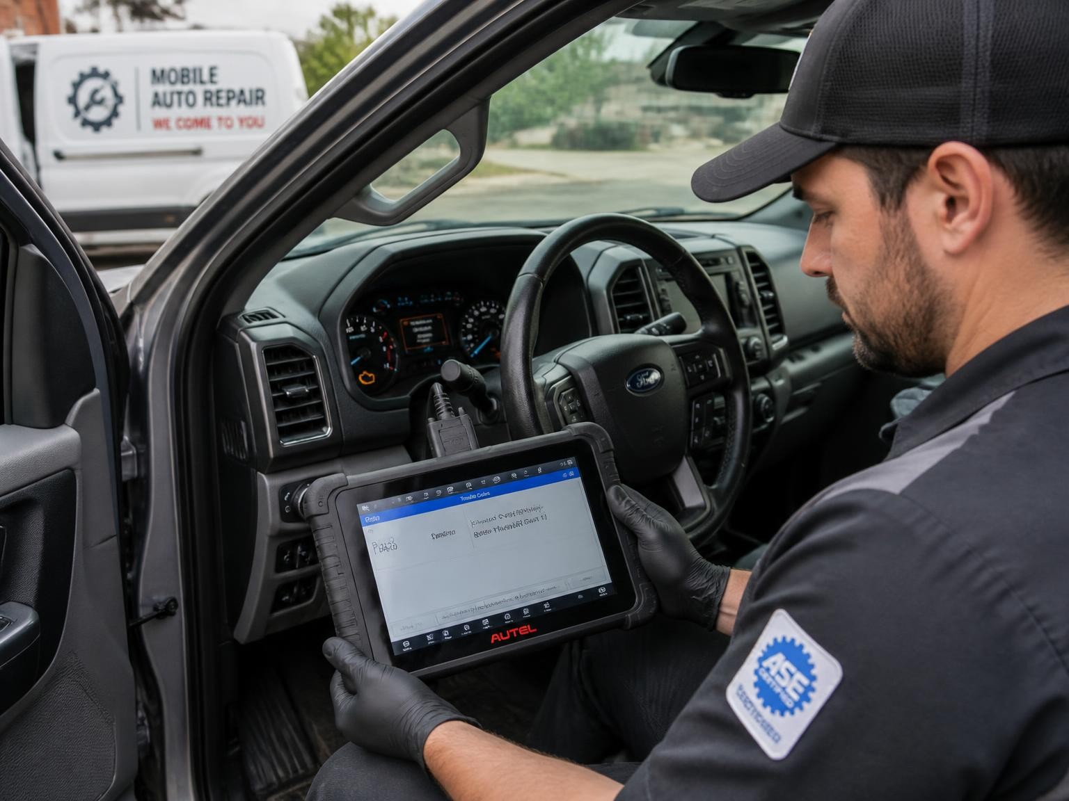Mobile mechanic performing vehicle diagnostics onsite