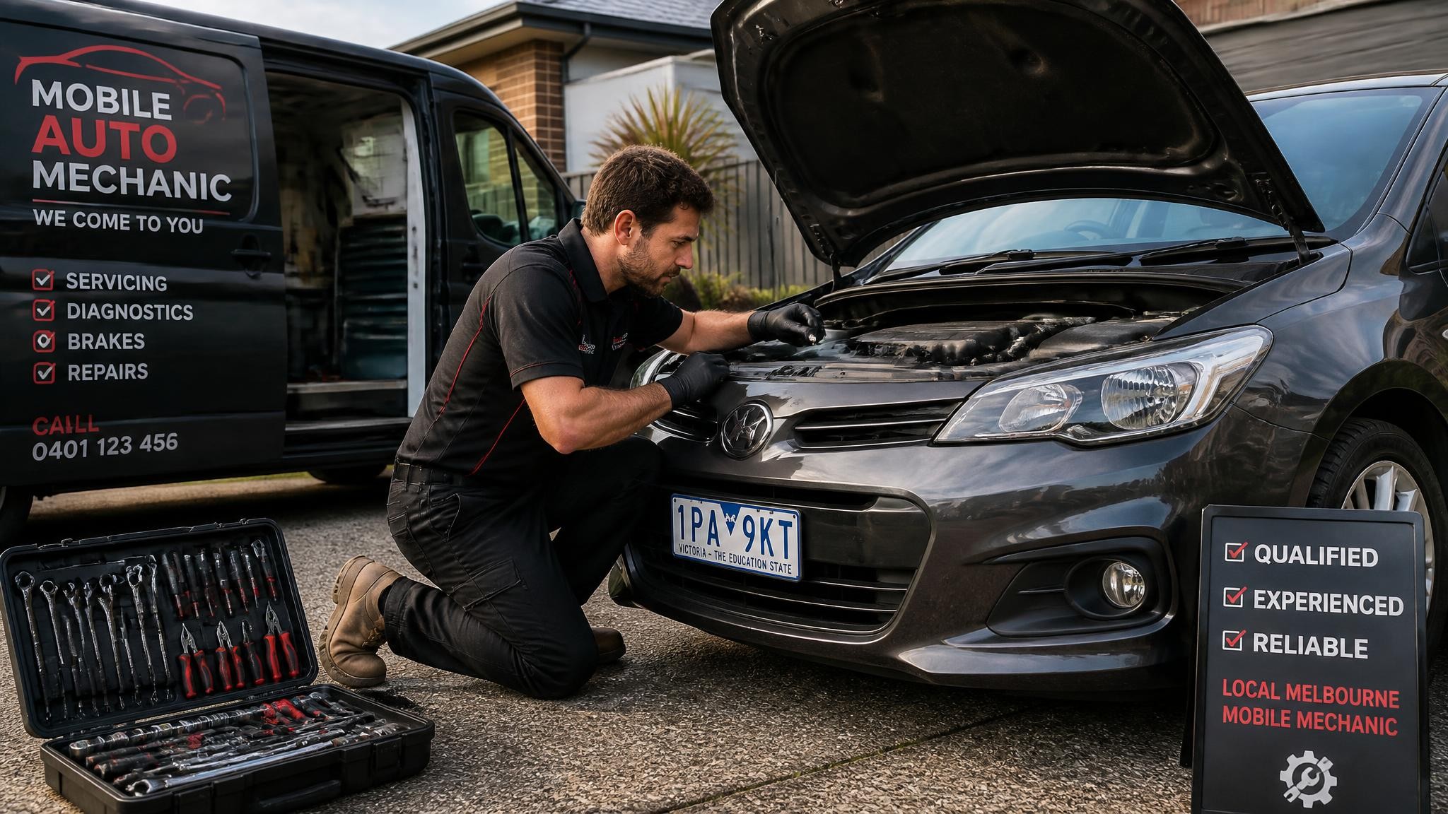 Qualified mobile auto mechanic inspecting a car in Melbourne