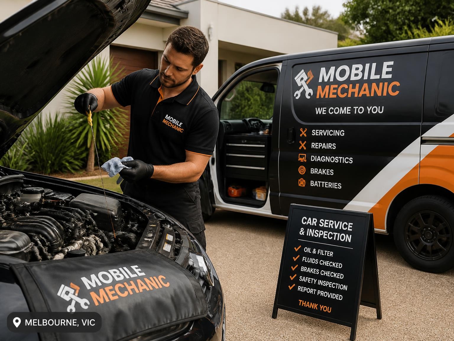 Mechanic completing a car service inspection at a customer location