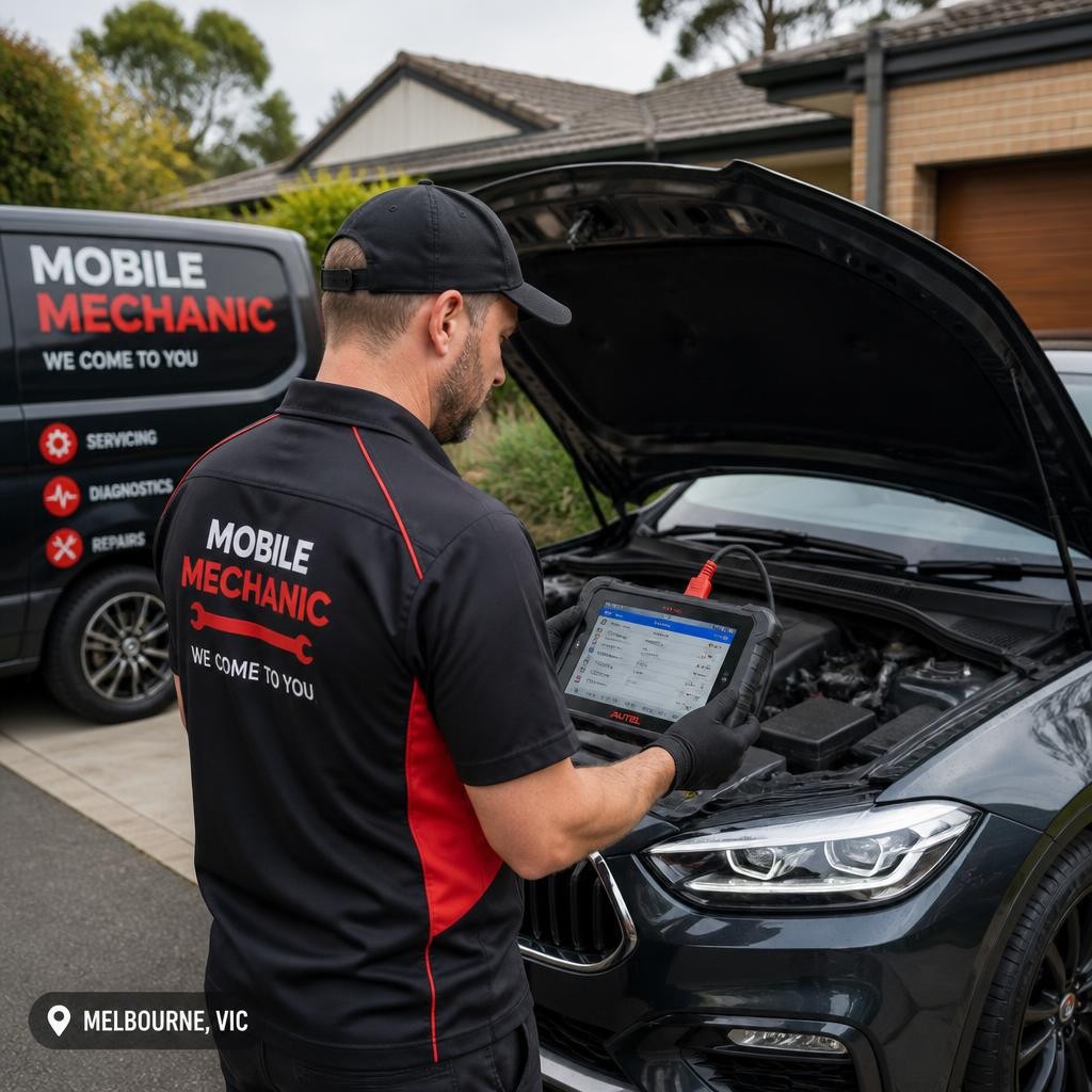Mechanic performing mobile vehicle diagnostics